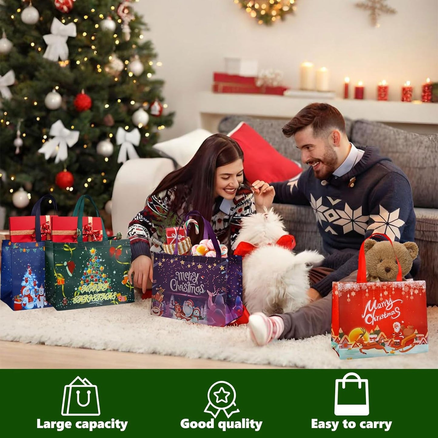 4PCS Christmas Bags for Gifts, Tote Bag with Handles, Christmas Treat Bags, Xmas Party Supplies