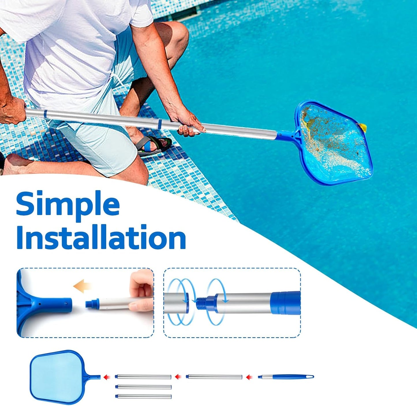 Swimming Pool Skimmer Net, Pool Net with 5 Pole Sections, 11" x 64" Pool Skimmer Net with Ultra Fine Mesh Net, Telescopic Aluminum Pole, Leaf Rake Net for Fast Cleaning Ponds (5 Pole Sections)