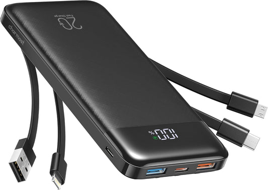 Charmast Power Bank 20,000mAh with Built-In Cables – 20W Fast Charging USB-C Portable Charger Compatible with Smartphones, Tablets & More