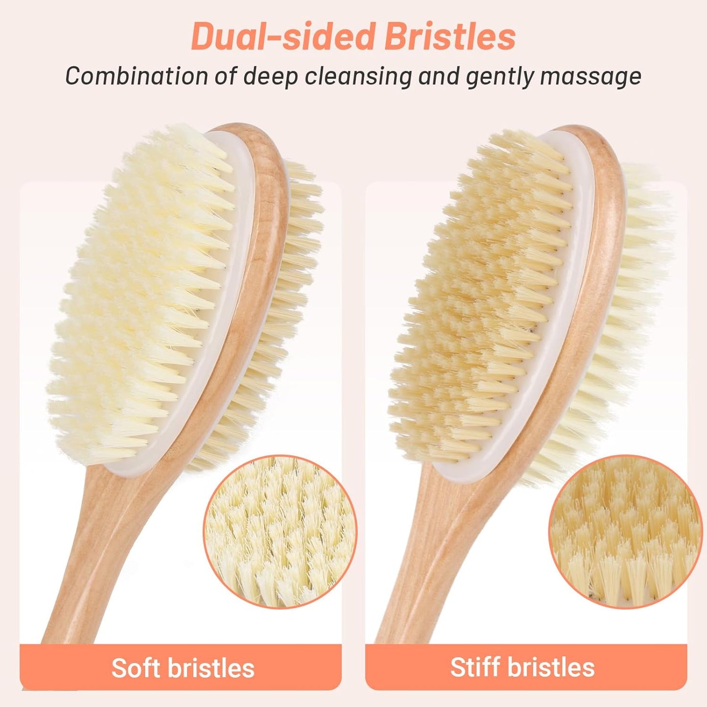 Alyvisun Wooden Back Scrubber for Shower with Long Handle, Dual-Sided Bath Brush Body Scrubber with Stiff and Soft Bristles, Exfoliating Body Brush [Dry and Wet Brushing]