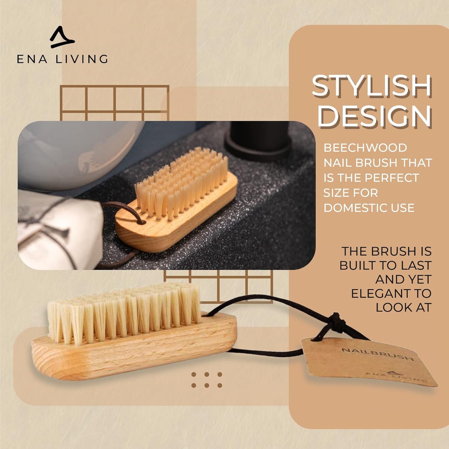ENA Living Nail Brush (9.5x3.3 cm) Wooden Eco Nail Brush Sustainable Wooden Nail Brush Made From Beechwood Long Lasting and Sturdy Natural Nail Brush Cleaner