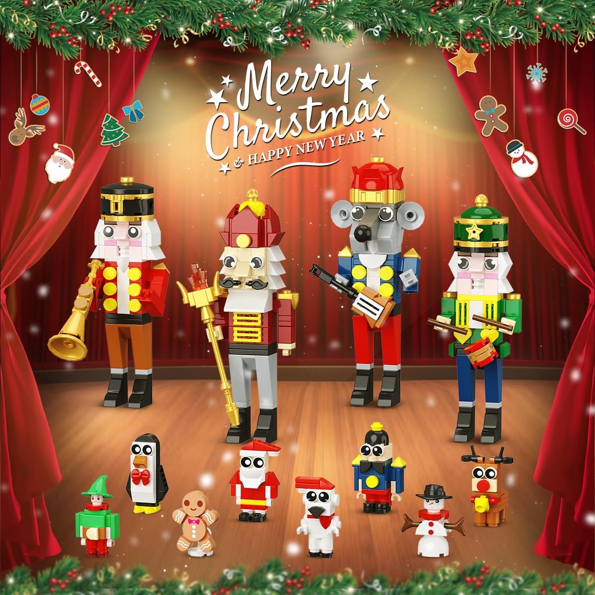 CUBIMANA 2025 Christmas Nutcracker Theater Building Set with Light, 3.6 Mini Building Block Toy with 4 Nutcrackers & 8 Minifigures, 1690PCS with Xmas Tree Train for Adult Girl Boy Age 12+