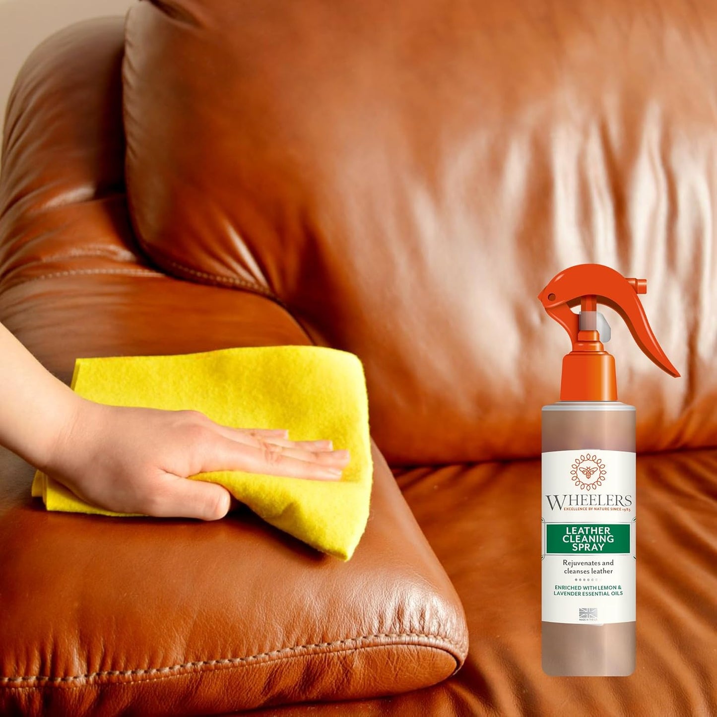 Wheelers Leather Cleaning Spray, 300ml – Rejuvenates & Cleans Leather, Nourished with Essential Oils, Ideal for Furniture Automotive Luggage Shoes Handbags Gloves & More