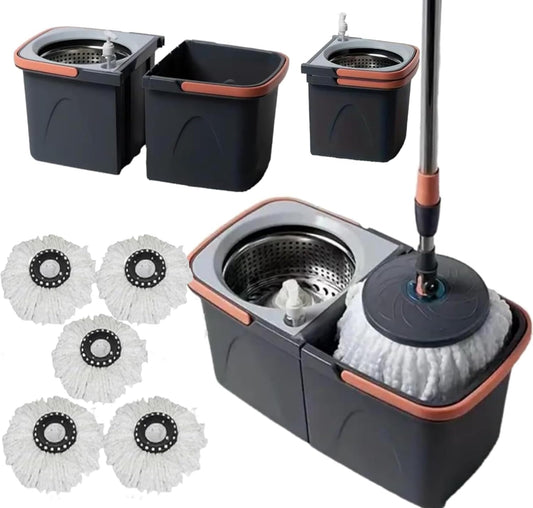 *NEW* SWISSPACK Revolving Spin Mop and Bucket With .5. Extra Pads Perfect For Easy Cleaning. Clean and Dirty Water Separtered For Perfect Finish (ORANGE-GREY) (ORANGE-GREY 1)