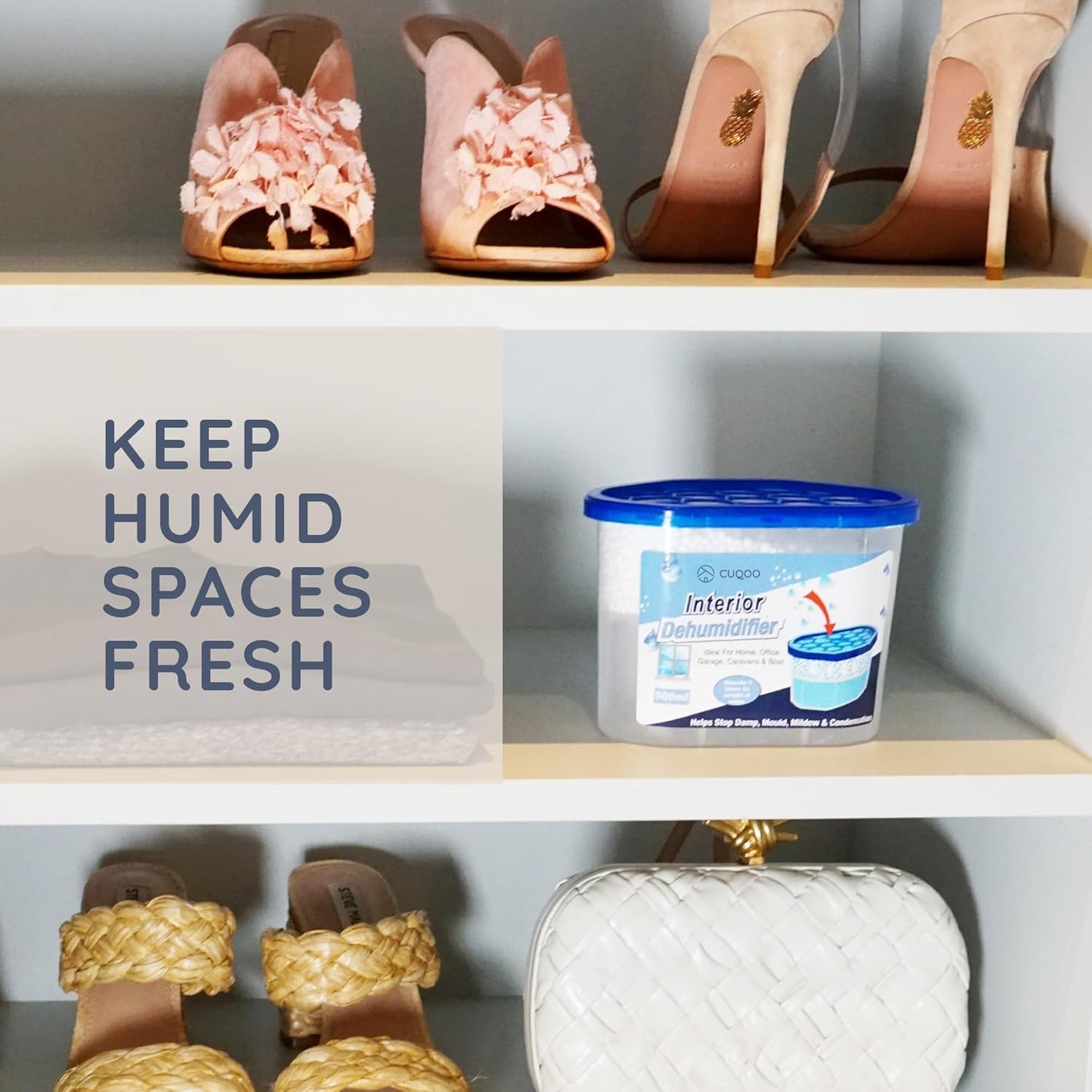 CUQOO Disposable Dehumidifier for Home 500ml, Pack of 10 Moisture Absorber Dehumidifiers for Damp, Mould, Kitchen, Wardrobe, Bedroom, Caravan, Office, Garage, Bathroom - Mini Condensation Absorbers