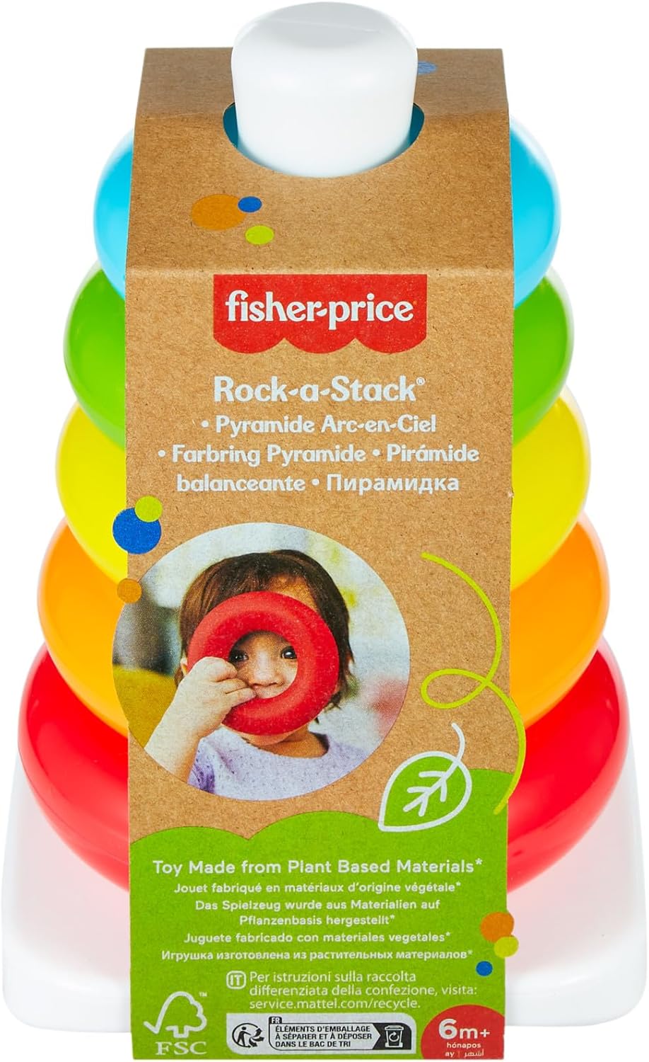 Fisher-Price Rock-a-Stack Baby Toy, Classic Roly-Poly Ring Stacking Toy for Infants and Toddlers, Made From Plant-Based Materials, HPY92