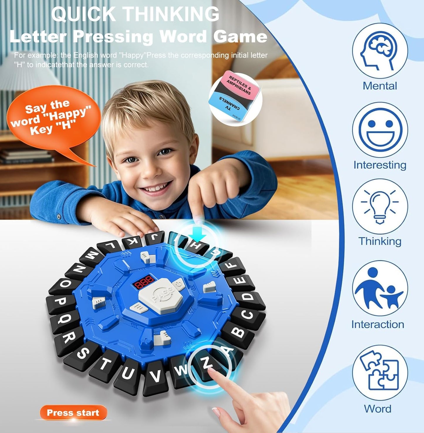 Word Game Family Board Games for Kids & Adults with 2 Modes,220 Topic Categories 24 Letters Pressing Game,Fun Fast-Paced Puzzle Games for Boys Girls Age 3+, 2-8 Players,Christmas & Birthday Gifts,Blue