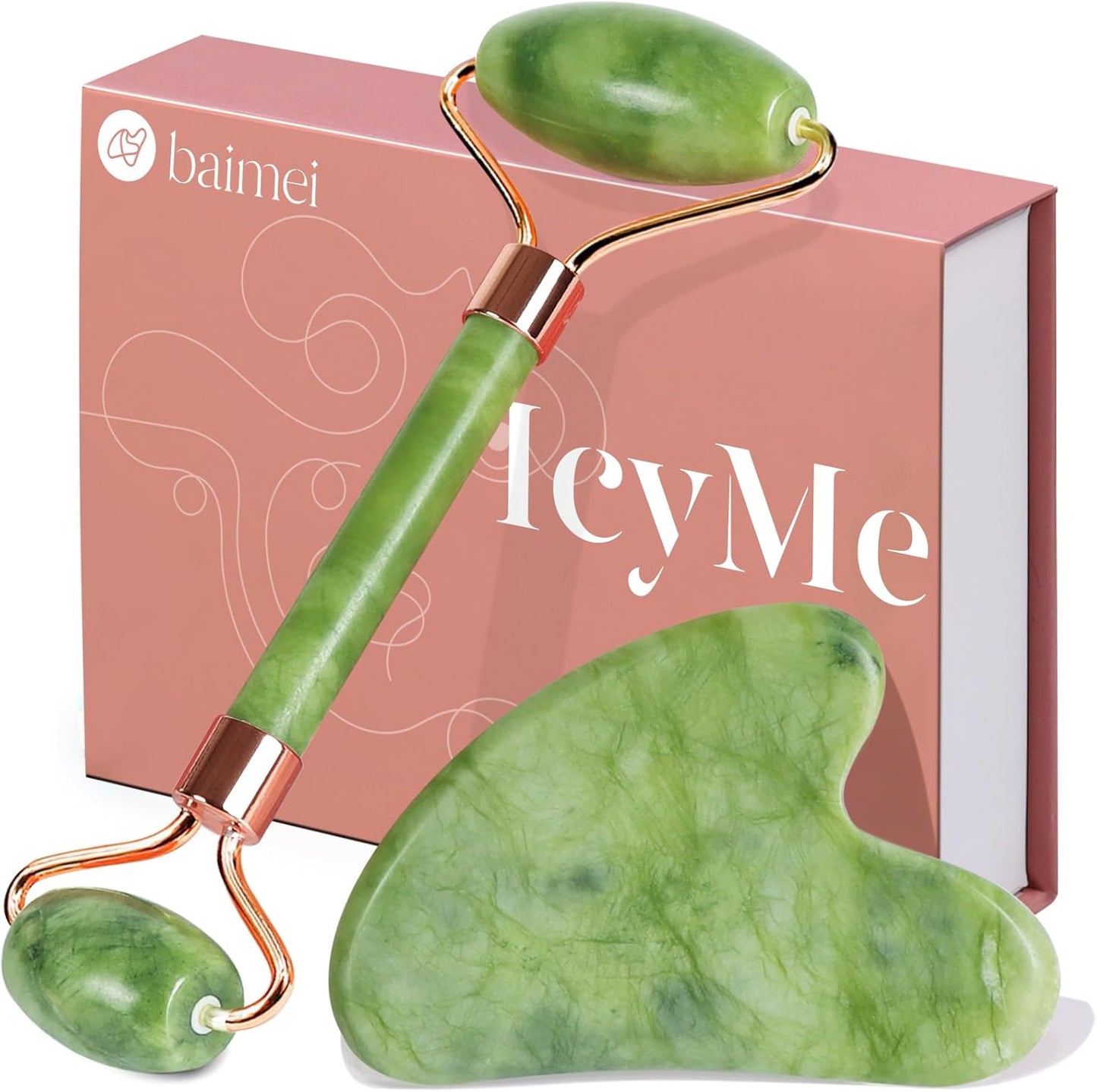 BAIMEI Gua Sha Set and Jade Roller, Jade Gua Sha & Face Rollers for Women, Self Care Gifts for Women, Body Muscle Relaxing, Improve Eye Puffiness, Skin Care Gift