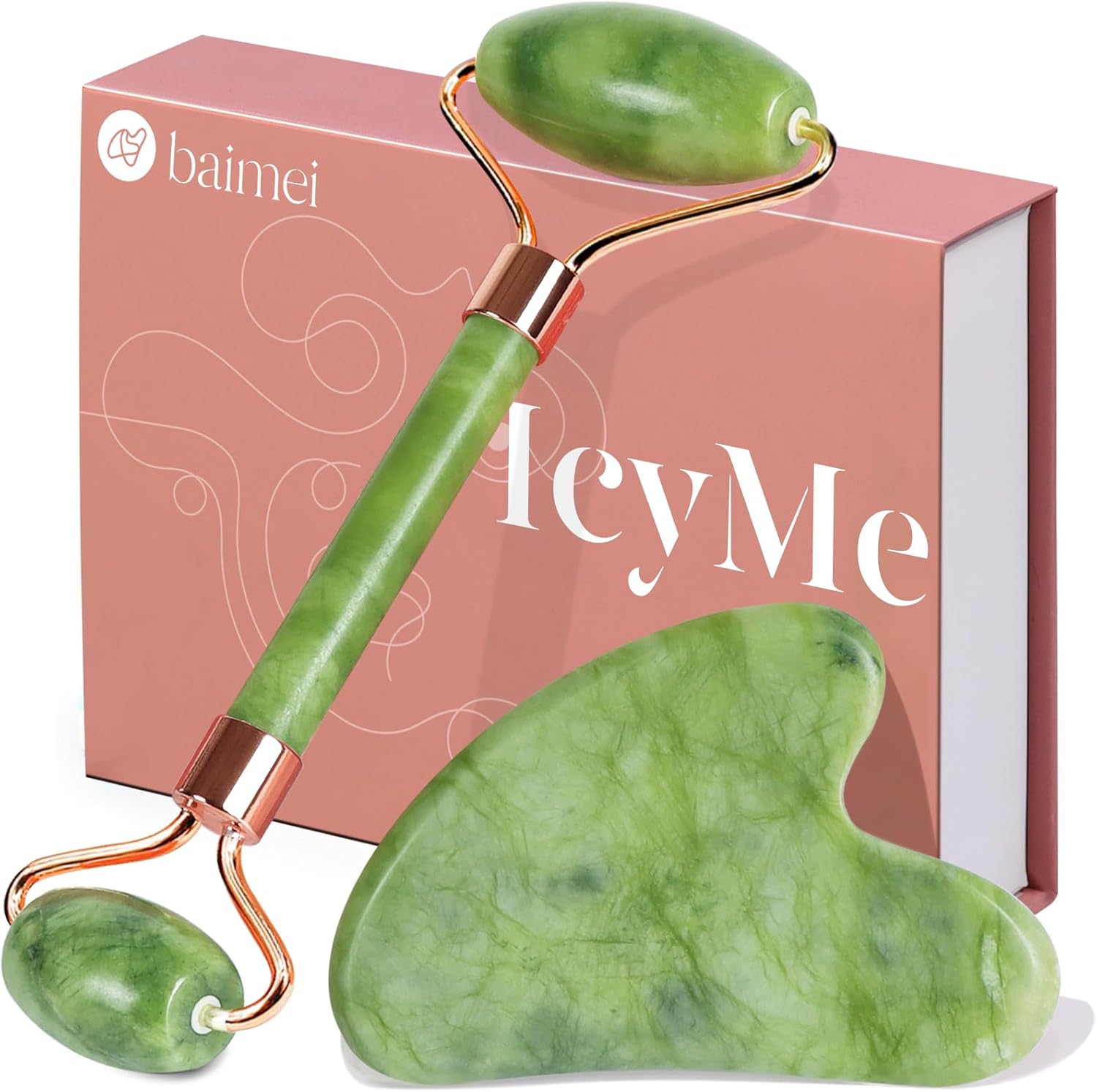 BAIMEI Gua Sha Set and Jade Roller, Jade Gua Sha & Face Rollers for Women, Self Care Gifts for Women, Body Muscle Relaxing, Improve Eye Puffiness, Skin Care Gift