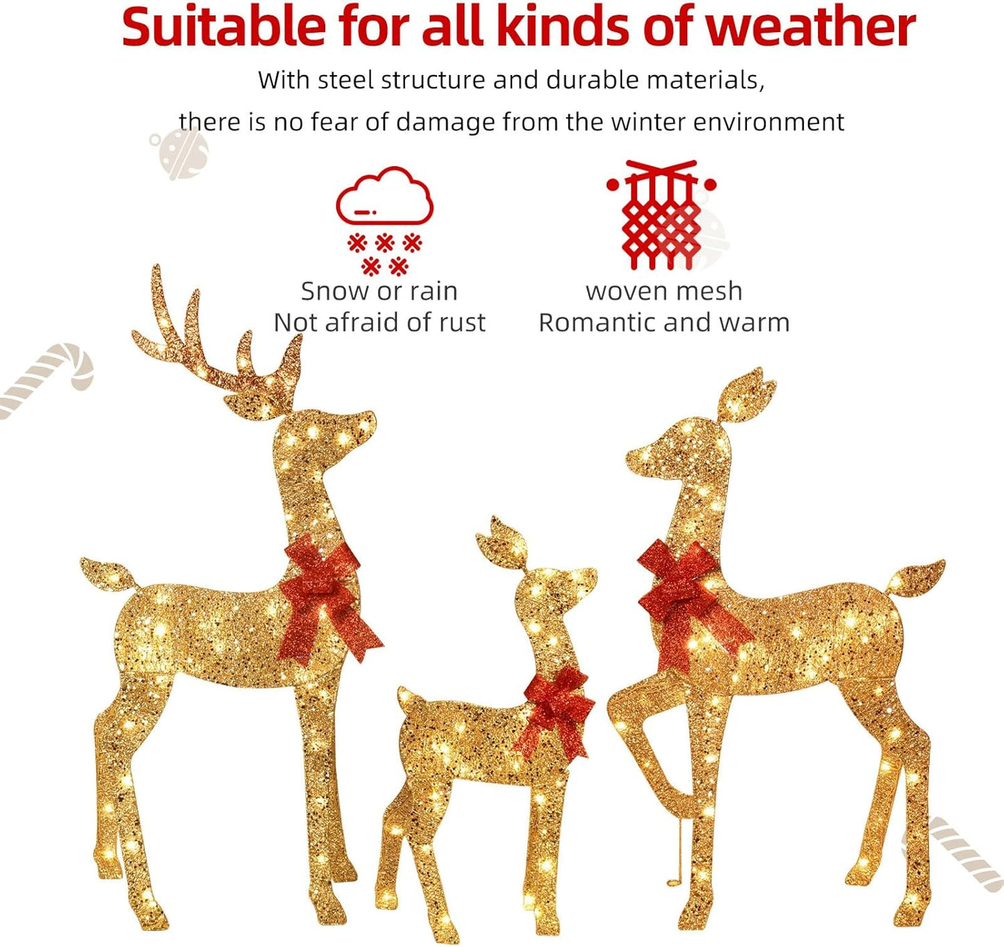 3-Piece 2D Lighted Christmas Deer Family Set - HOYECHI Large Outdoor Yard Reindeer Holiday Decoration with 145 LED Lights, Stakes, Zip Ties - Gold