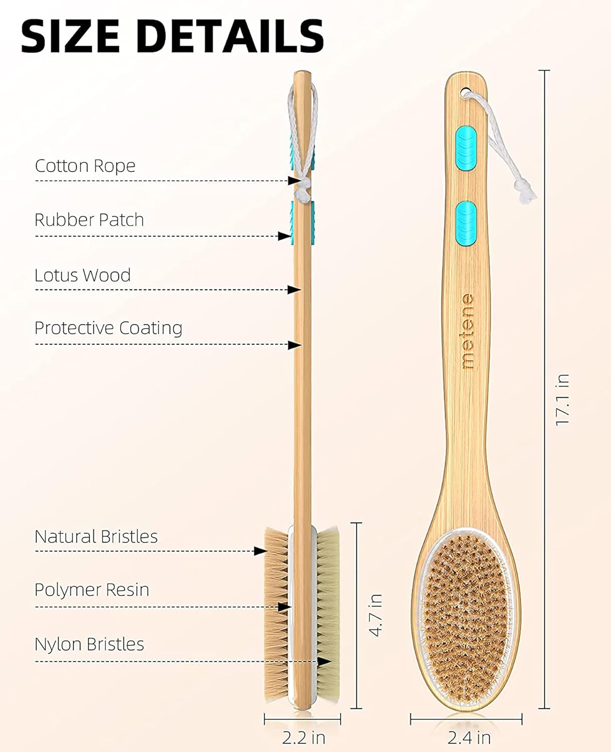 Metene Back Scrubber for Shower, Shower Brush for Exfoliating Skin and A Soft Scrub, Double-sided Body Brush Head for Wet or Dry Brushing, Long Wooden Handle Cleans the Body Easily