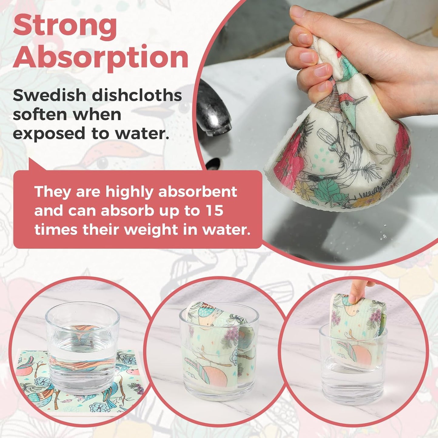 10 Pack Swedish Dishcloths for Washing Up, Reusable Cleaning Cloths with Clips, Non-Scratch Cellulose Sponge Cloths for Cleaning Home Kitchen