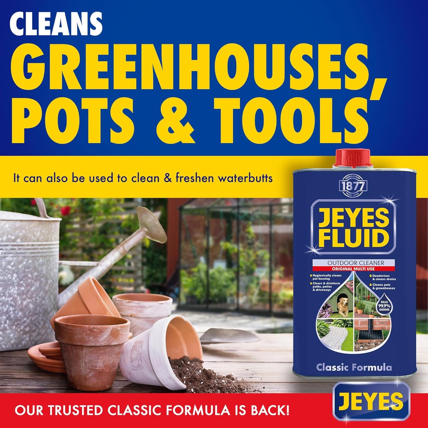 Jeyes Fluid Classic Premium Patio Cleaner 1L Concentrated Formula Makes 20L Outdoor Disinfectant for Patios, Greenhouses, Plant Pots – Kills 99.9% Bacteria.