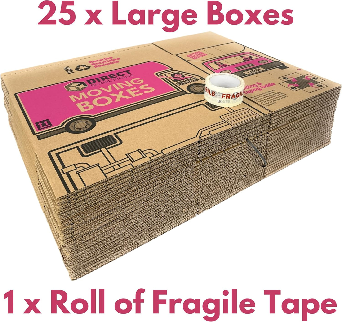 25 Strong Large Cardboard Storage Packing Moving House Boxes with Fragile Tape 52cm x 30cm x 30cm 47 Litres Carry Handles and Room List