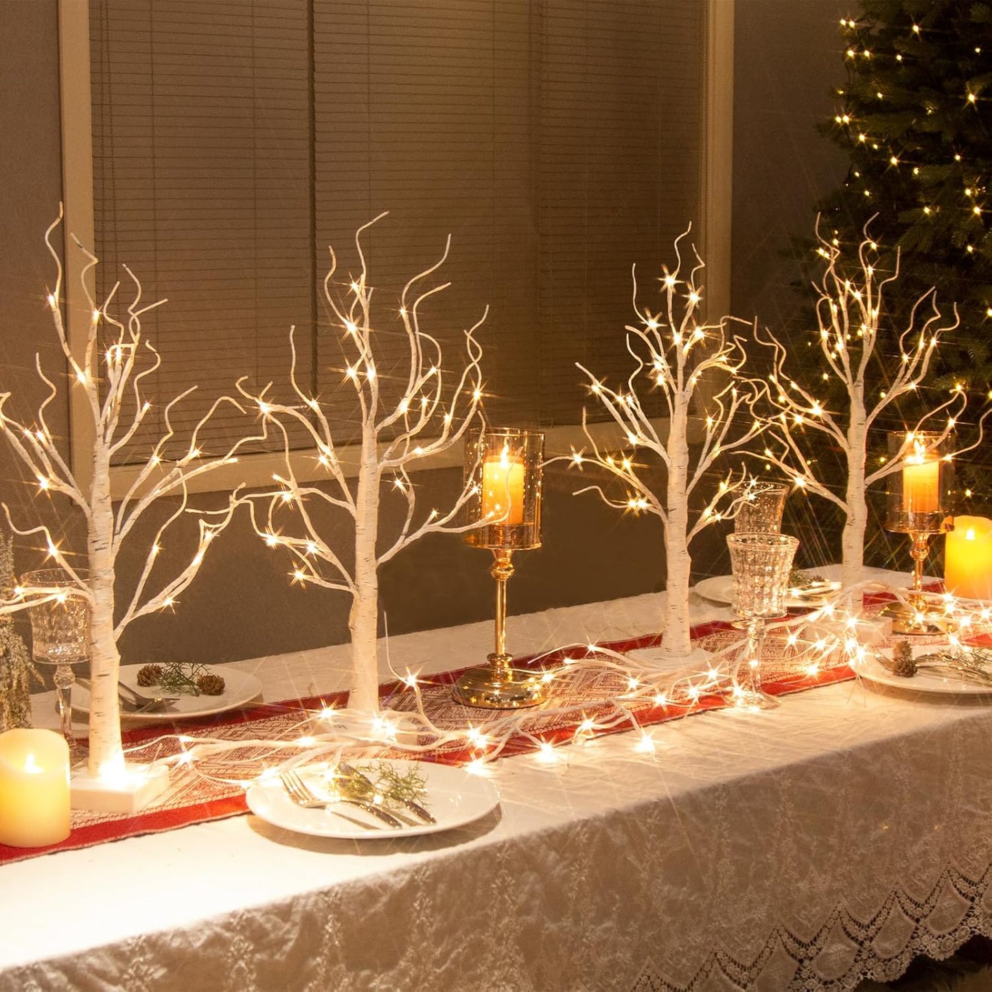 EAMBRITE White Christmas Tree with Lights Mini Birch Twig Tree Ornament with 24 Warm White LEDs Battery Operated Tabletop Decoration for Christmas Home Party Wedding