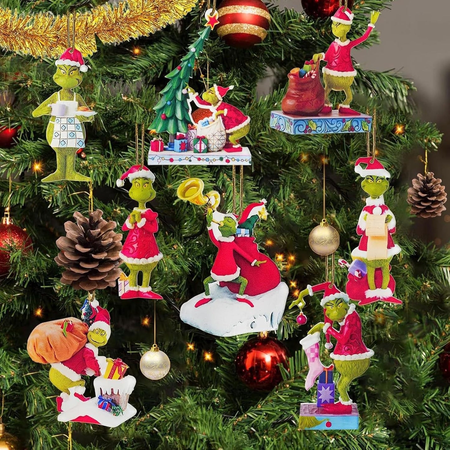 Grinch Christmas Ornament Decorations, 8PCS Stocking Cap Funny Santa Ornament Decorative Xmas Decor Ornaments (8PCS)