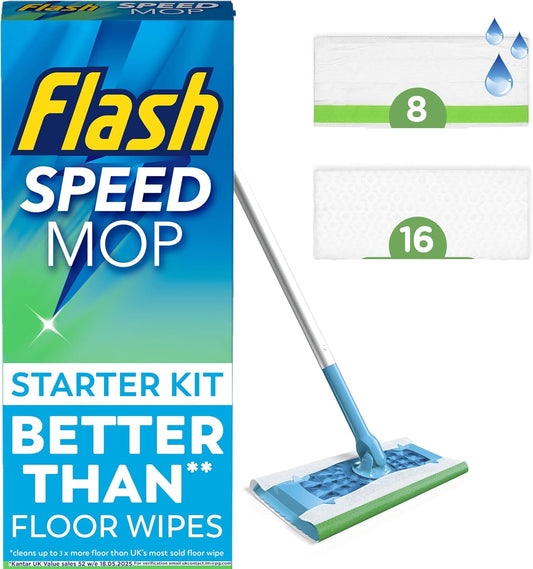 Flash Speedmop Floor Cleaner, Value Starter Kit, Cleans 3X More Floor Area*. (1 Handle, 8 Wet & 16 Dry Refills), Trap & Lock Daily Dirt, Grease & Grime Without Getting Down On Your Knees