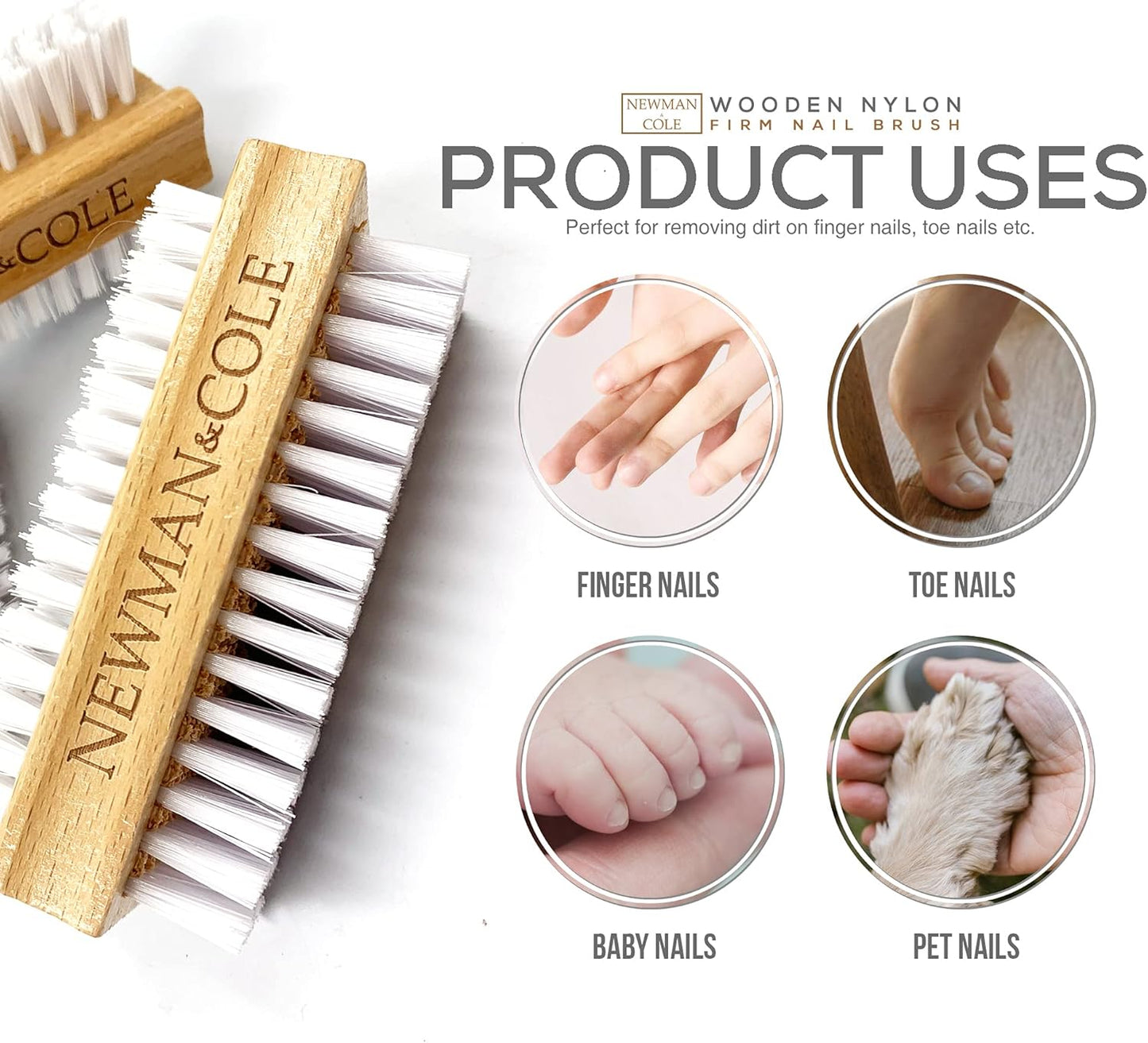 Wooden Nail Brush, Double-Sided Nail Scrubbing Brush with Firm Plastic Bristles (Set of 3)