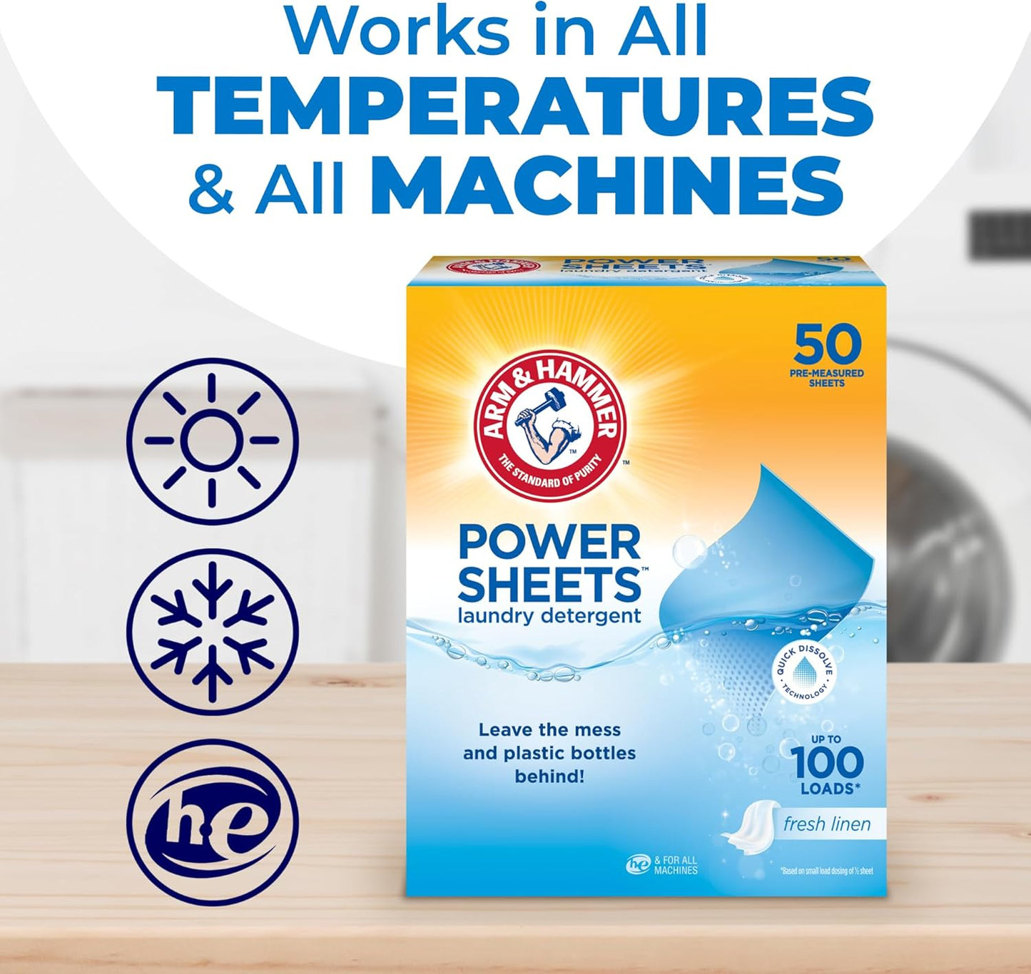 Arm and Hammer Power Laundry Detergent, Fresh Linen Laundry Sheets 50ct, up to 100 Small Loads, Ultraconcentrated Washing Detergent for deep clean, Laundry Detergent for Washing Machine