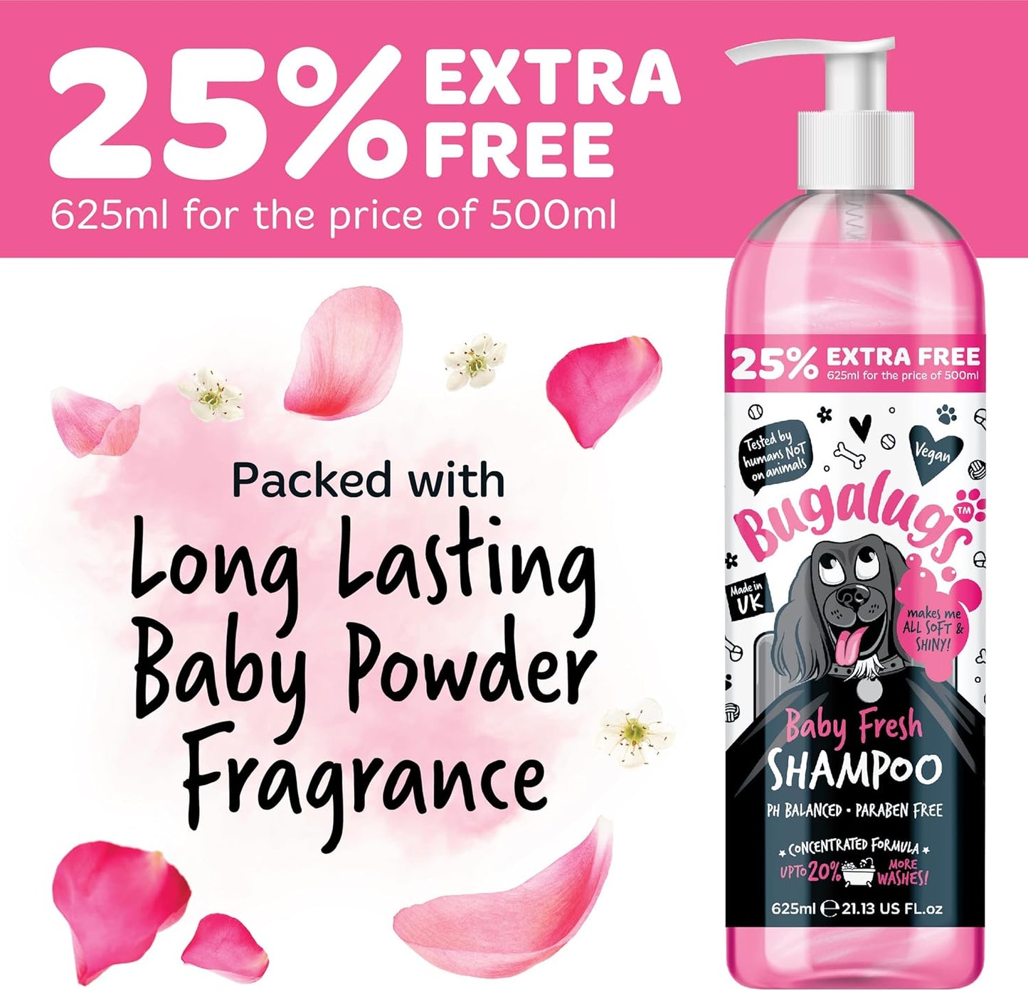 BUGALUGS Baby Fresh Dog Shampoo grooming products for smelly dogs with baby powder scent, best puppy shampoo, Vegan pet shampoo professional (625ml)