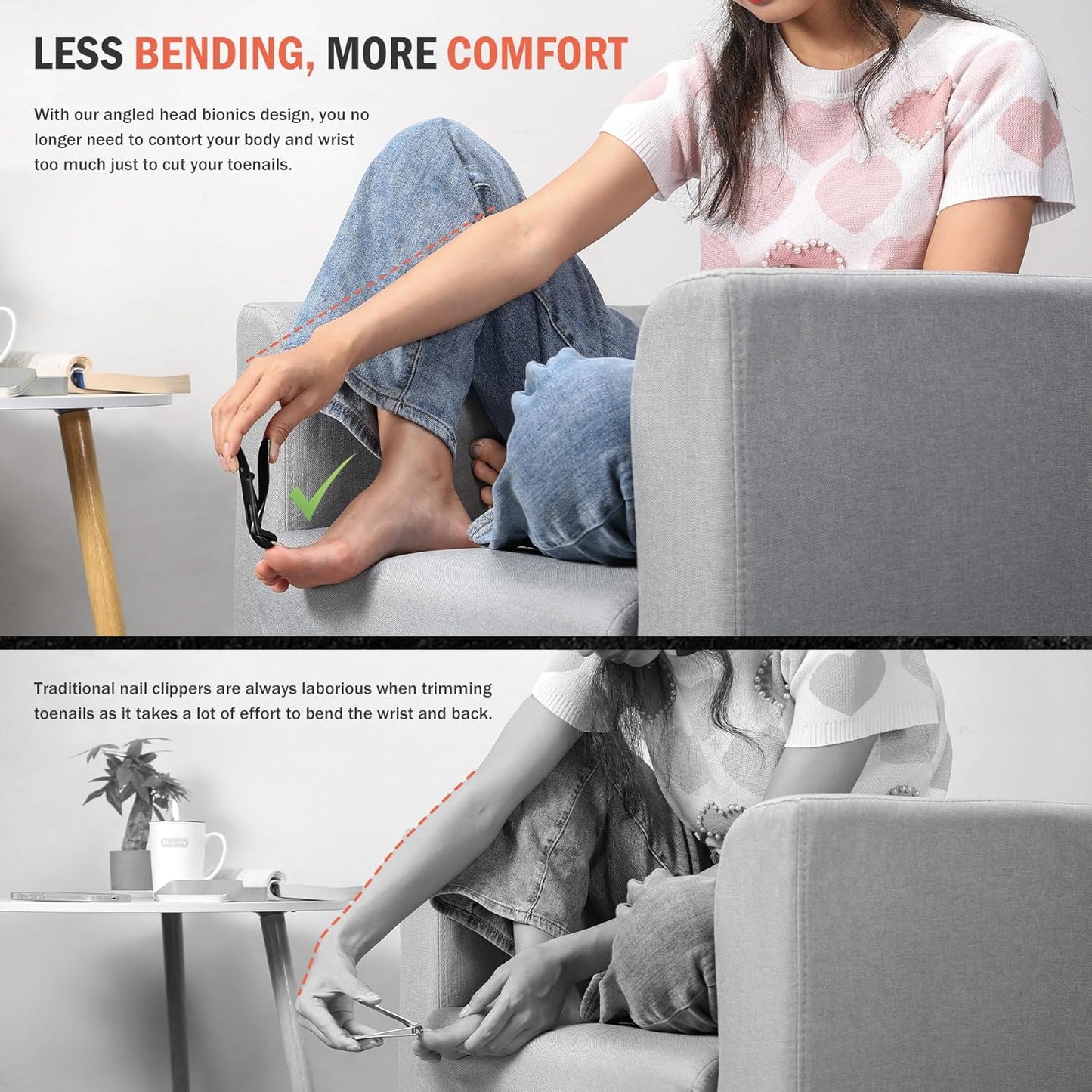 BEZOX Angled Head Nail Clippers for Seniors - Ergonomic Toenail Clipper for Thick Nails, Premium Steel Nail Cutter Trimmer with Catcher for Men and Women (Black)