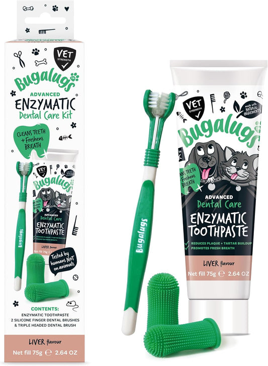 Bugalugs Dog Toothbrush and Toothpaste Kit Includes Cats & Dog Toothpaste, 2 x Finger Cat Toothbrush, 1 x Dog Toothbrush Dog Teeth Cleaning Products for Dog Plaque Remover & Dog Breath Freshener