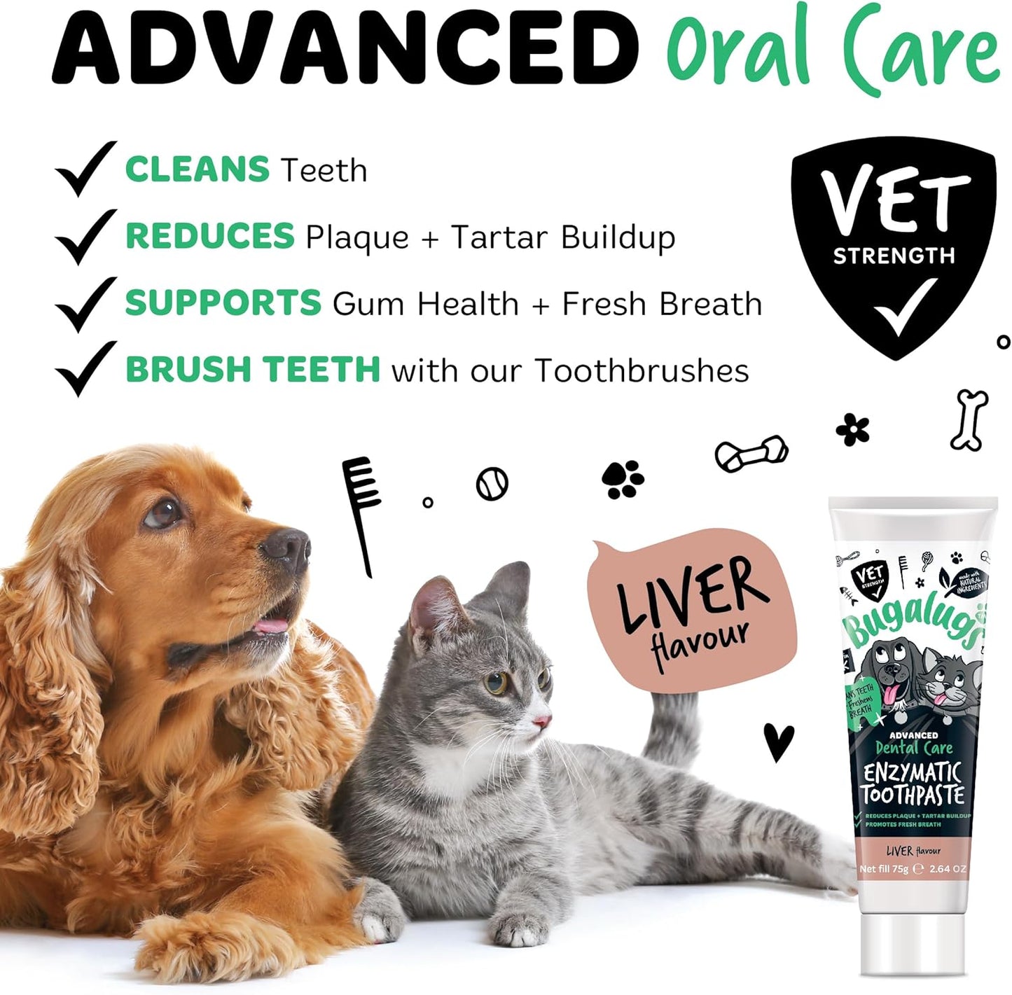 Bugalugs Dog Toothbrush and Toothpaste Kit Includes Cats & Dog Toothpaste, 2 x Finger Cat Toothbrush, 1 x Dog Toothbrush Dog Teeth Cleaning Products for Dog Plaque Remover & Dog Breath Freshener