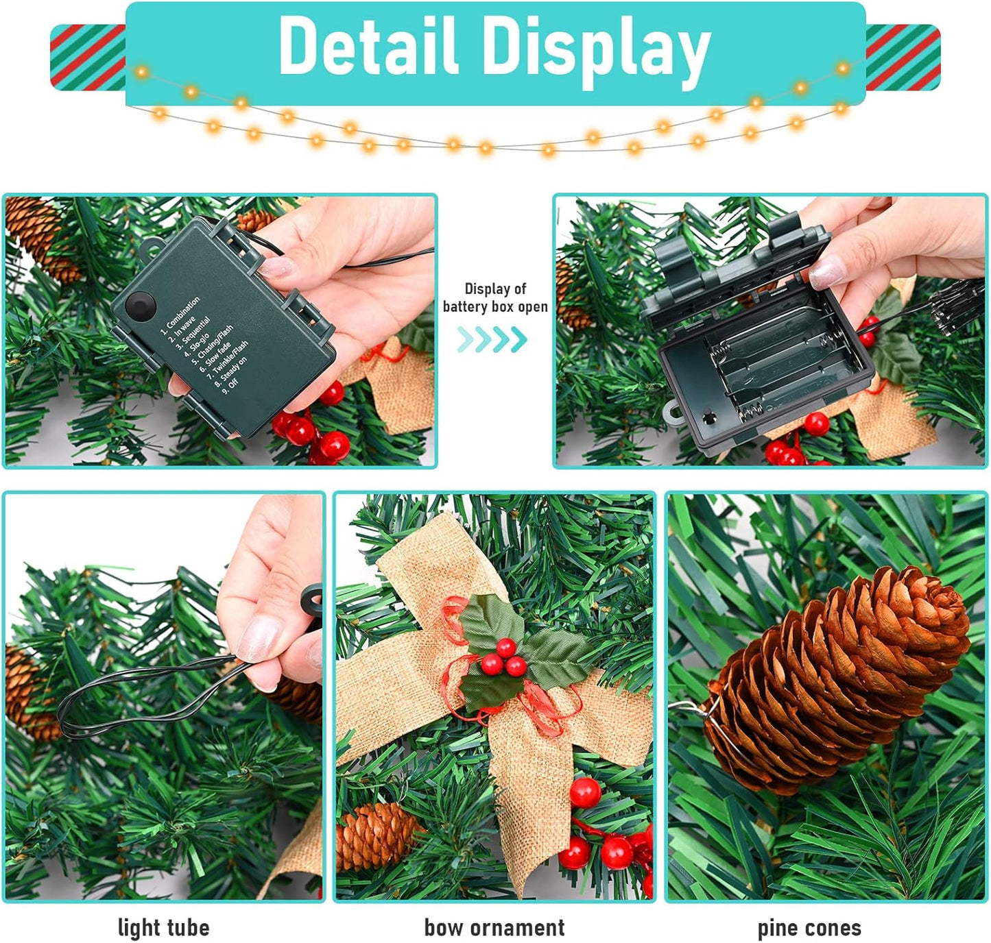 1.8M/6FT Christmas Garland with Lights, Christmas Garlands for Fireplace Stairs Artificial Wreath with 50 LED Lights and Bow Pine Cones Berries for Xmas Tree Front Door Home Holiday Decor