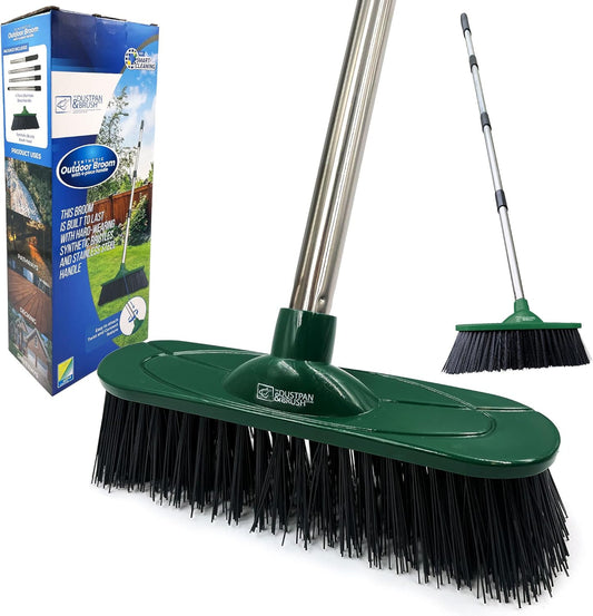 Yard Broom Outdoor Heavy Duty, 10” Garden Broom Synthetic Hard Bristle Brush Head with Strong Handle, Stiff Sweeping Brush Outdoor