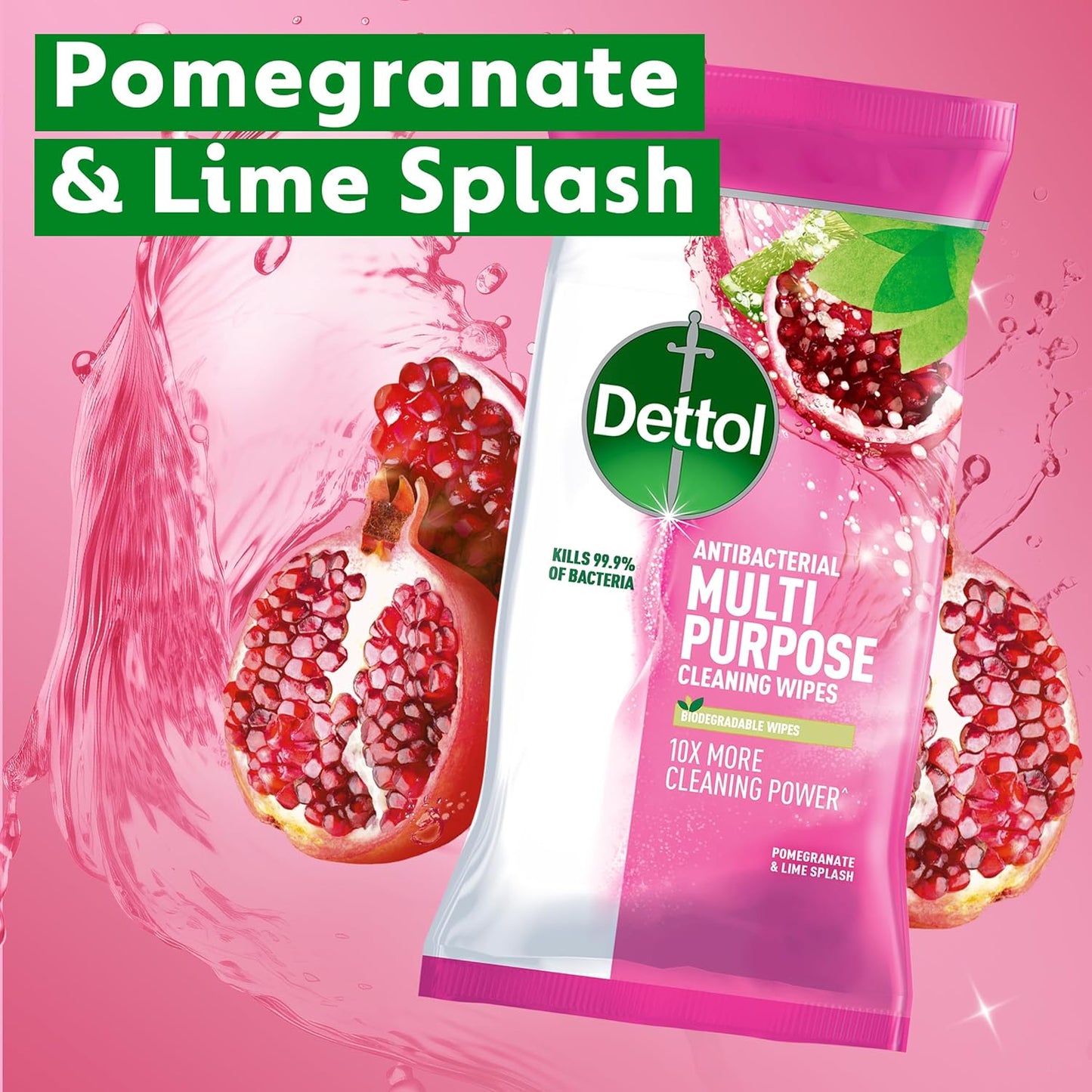 Dettol Antibacterial Multipurpose Cleaning Wipes, Pomegranate & Lime, 50 pack (8 x 50, Total 400 Wipes) Disinfectant, Biodegradable, 10x Cleaning power vs Water alone, Kills 99.9 Percent of Germs