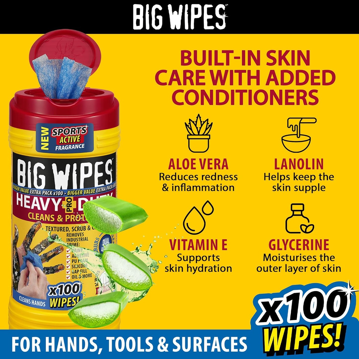 Big Wipes Heavy Duty Pro+ Hand Wipes in Dispenser Tub (x100) Textured Dual-Sided with Skincare. Ultra Efficient on Grime. Heavy Duty & Industrial Cleaning Products for Tradespeople