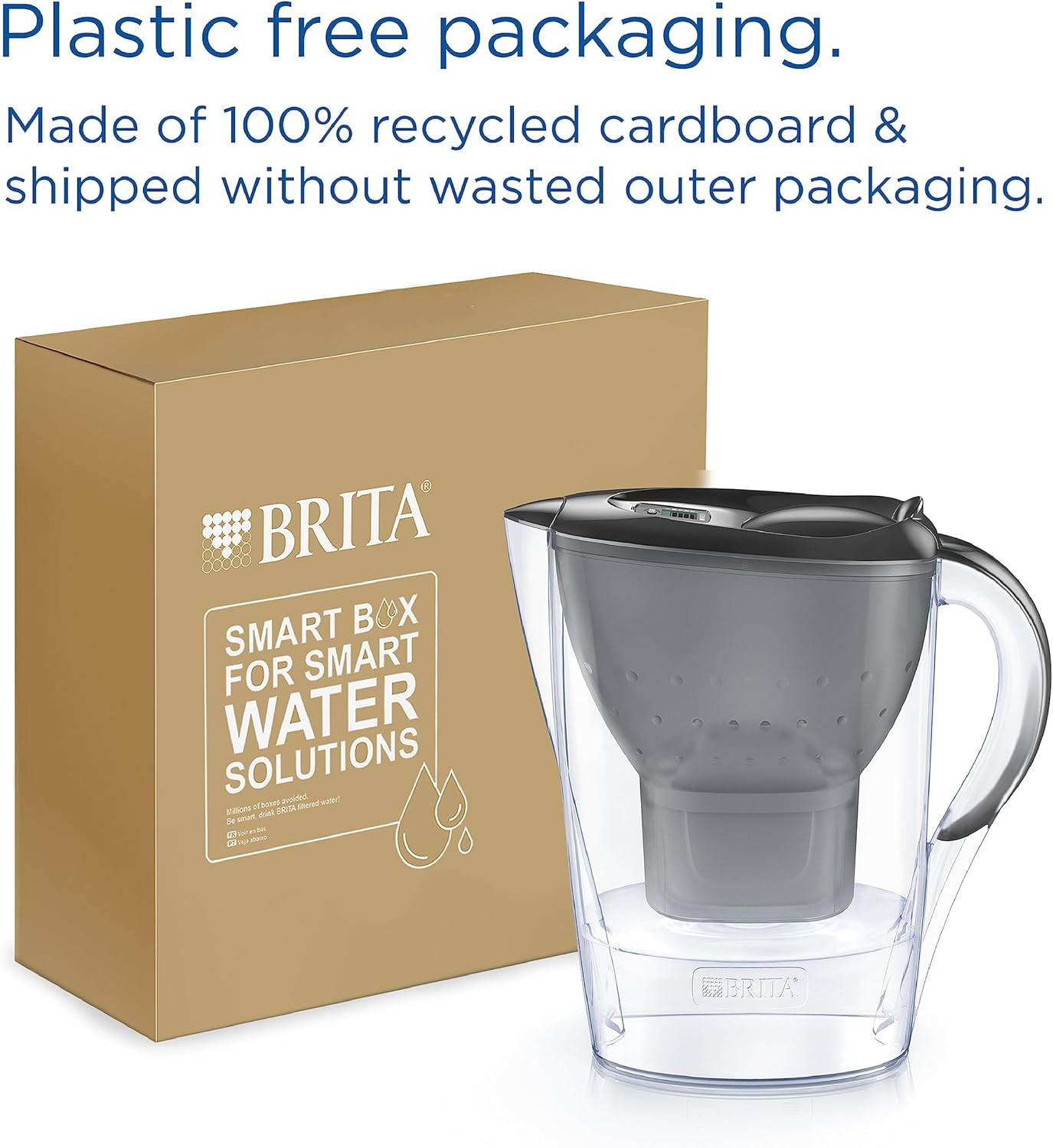 BRITA Marella Water Filter Jug Graphite (2.4L) Starter Pack incl. 3x MAXTRA PRO Pure Performance cartridge - fridge-fitting jug with digital LTI and Flip-Lid - now in sustainable Smart Box packaging