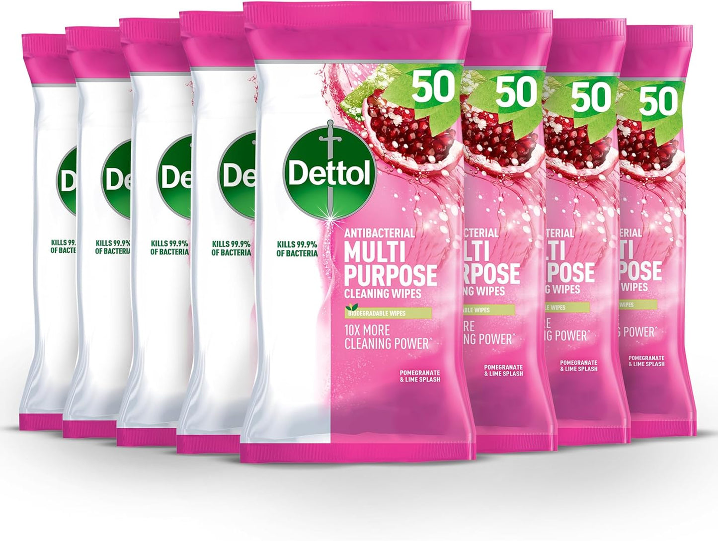 Dettol Antibacterial Multipurpose Cleaning Wipes, Pomegranate & Lime, 50 pack (8 x 50, Total 400 Wipes) Disinfectant, Biodegradable, 10x Cleaning power vs Water alone, Kills 99.9 Percent of Germs