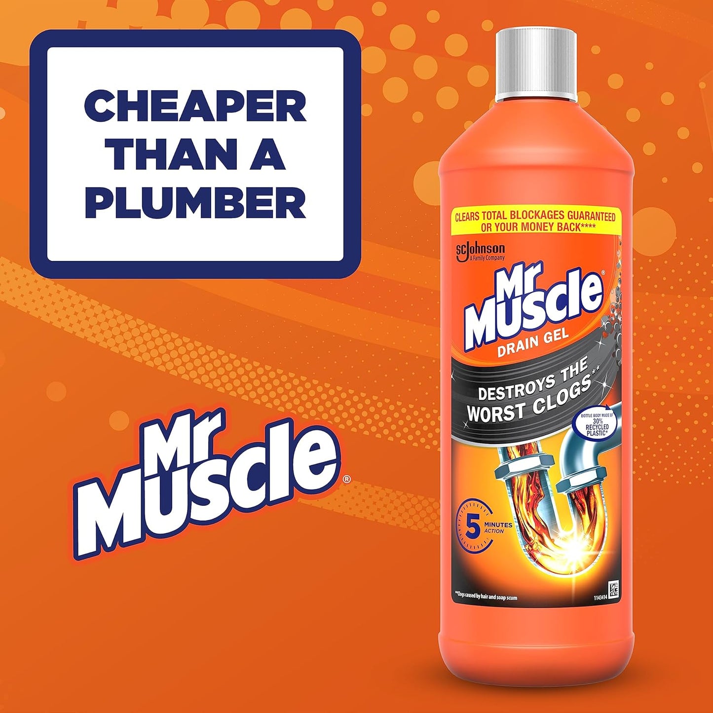 Mr Muscle Drain Unblocker, Sink & Drain Cleaner, Fast Acting Heavy Duty Gel Formula, Dissolves Clogs, Works 3x Better Than Bleach, Safe for All Pipes, Duo Pack, (2 x 1L)