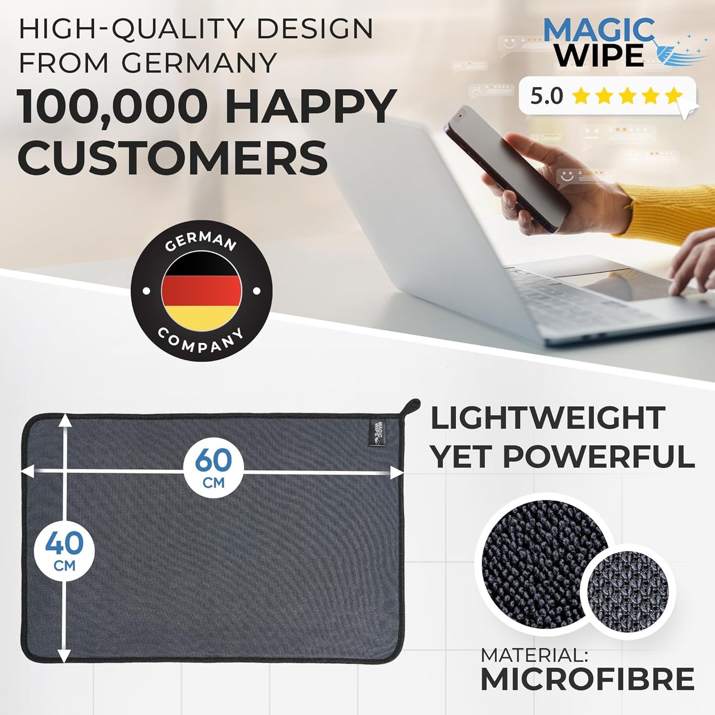 MAGIC WIPE® Bathroom Drying Cloth XXL - 2 Pack 40 x 60 cm Original All Purpose Microfibre Cleaning Cloth - Streak & Lint Free Cloth, Premium Quality Drying Towel for Bathrooms, Kitchen, Mirrors, Car