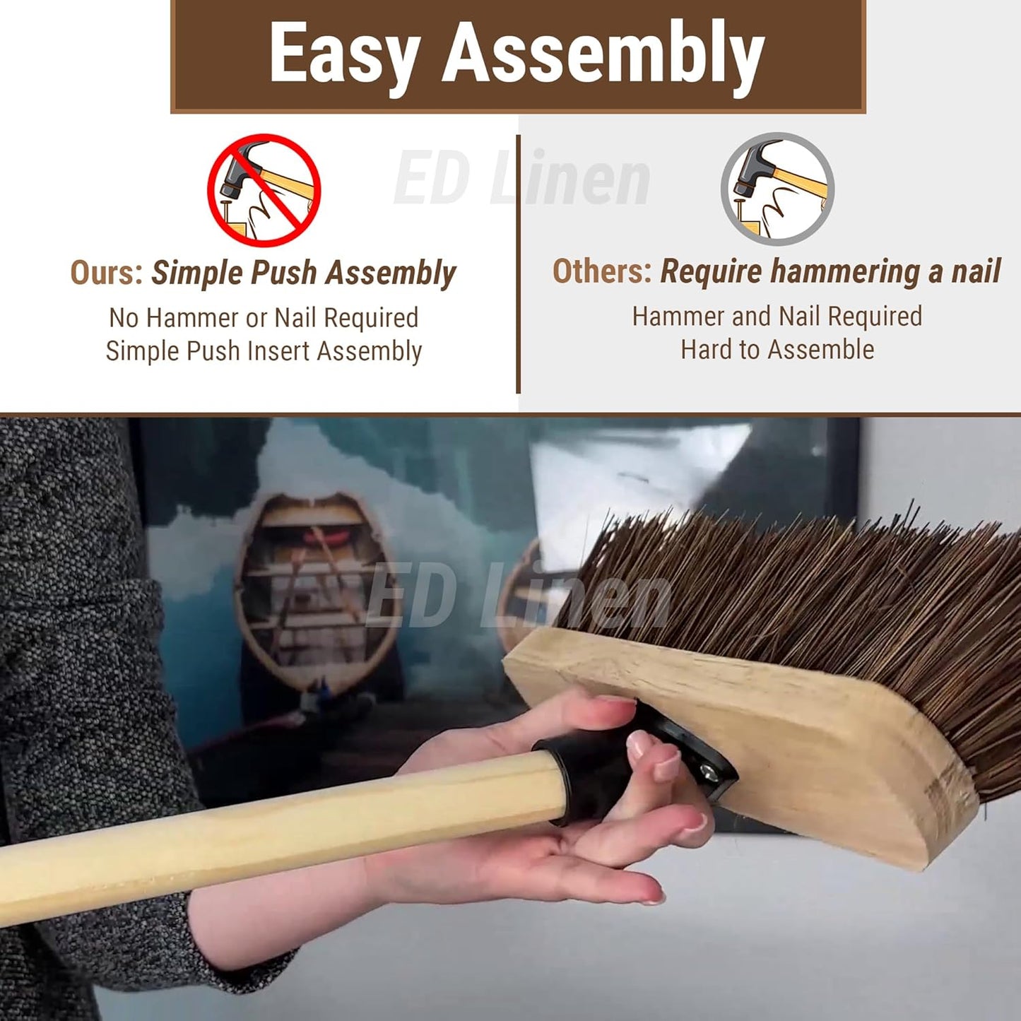 10” Outdoor Garden Broom with Wooden Handle Natural Stiff Bassine Hard Bristle with Durable Support Bracket Yard Brush Heavy Duty Broom Outdoor Cleaning Sweeping (PACK OF 1)