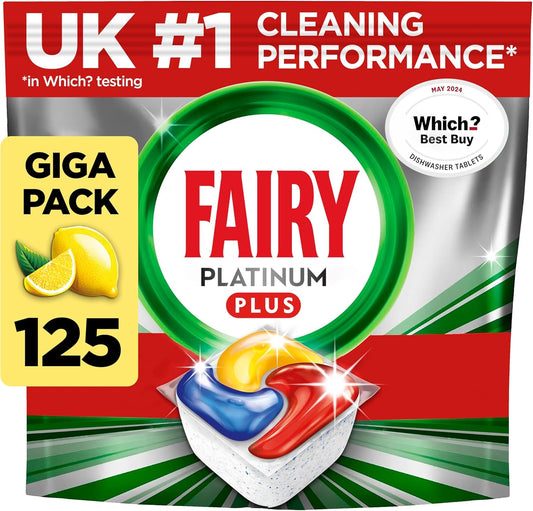 Fairy Platinum Plus All-in-1 Dishwasher Tablets, 125 Pack, Lemon. With anti-dull tech & rinse aid action for a deep clean. Effective in short cycles for sparkling dishes.