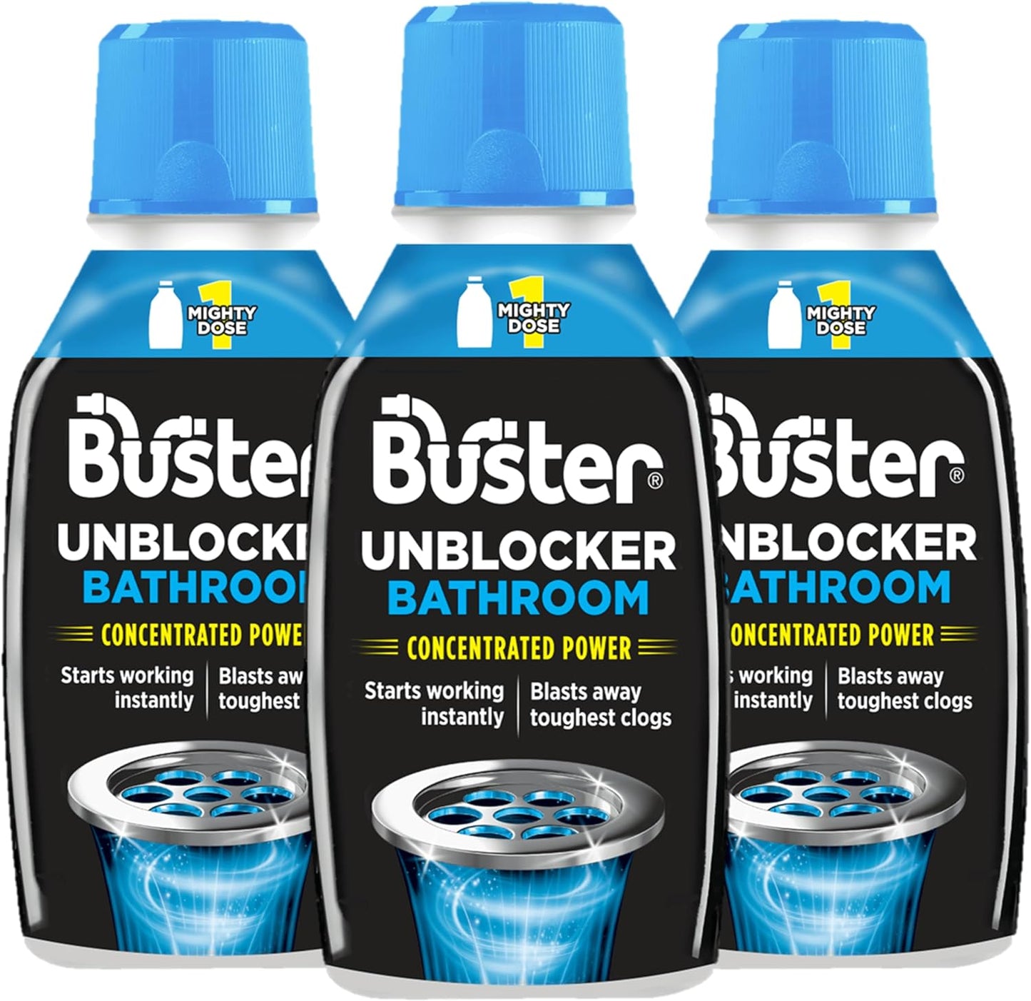 Buster Bathroom Drain Unblocker 300ml, Pack of 3 – Sink Unblocker Removes Hair & Sludge in Showers, Baths & Sinks. Fast-Acting Shower Drain Unblocker Clears Blockages & Slow-Draining Water
