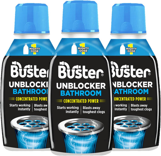 Buster Bathroom Drain Unblocker 300ml, Pack of 3 – Sink Unblocker Removes Hair & Sludge in Showers, Baths & Sinks. Fast-Acting Shower Drain Unblocker Clears Blockages & Slow-Draining Water