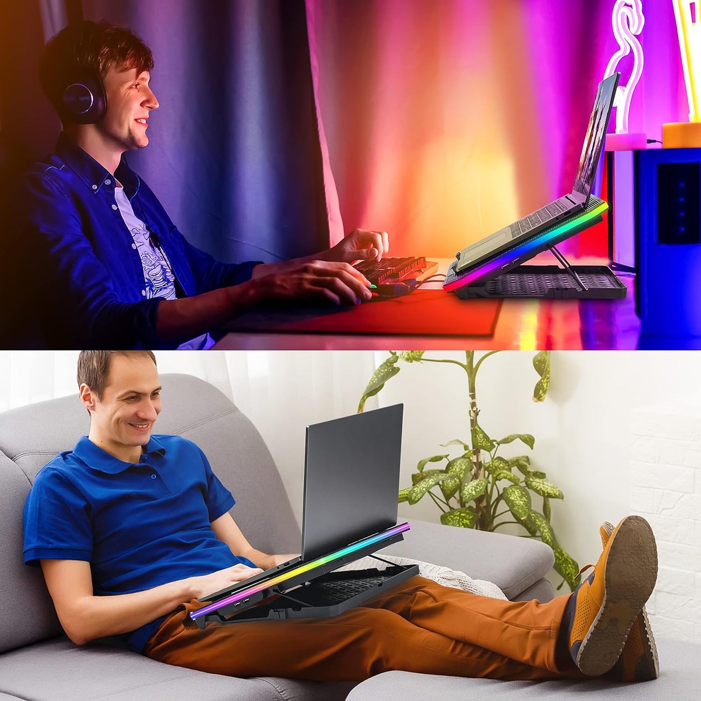 TopMate C12 Laptop Cooling Pad RGB Gaming Notebook Cooler for Desk and Lap Use, Laptop Fan Stand 8 Adjustable Heights with 6 Quiet Fans and Phone Holder, for 15.6-17.3 Inch Laptops -Ice Blue LED Light