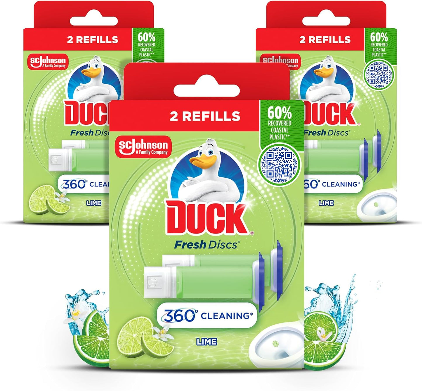 Duck Fresh Discs Toilet Cleaner Refill Twin Pack, Fights Stains That Harbour Germs, Prevents Limescale Build Up, Lime, Pack of 3 (Total of 6 Refill Tubes)