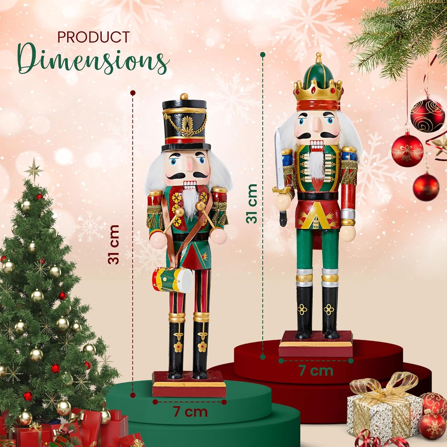 REDSTAR 2pc Christmas Nutcracker Soldier 30cm Wooden Nutcracker Christmas Decorations for Fireplace - 2 Pack Wooden Figures Indoor - Xmas