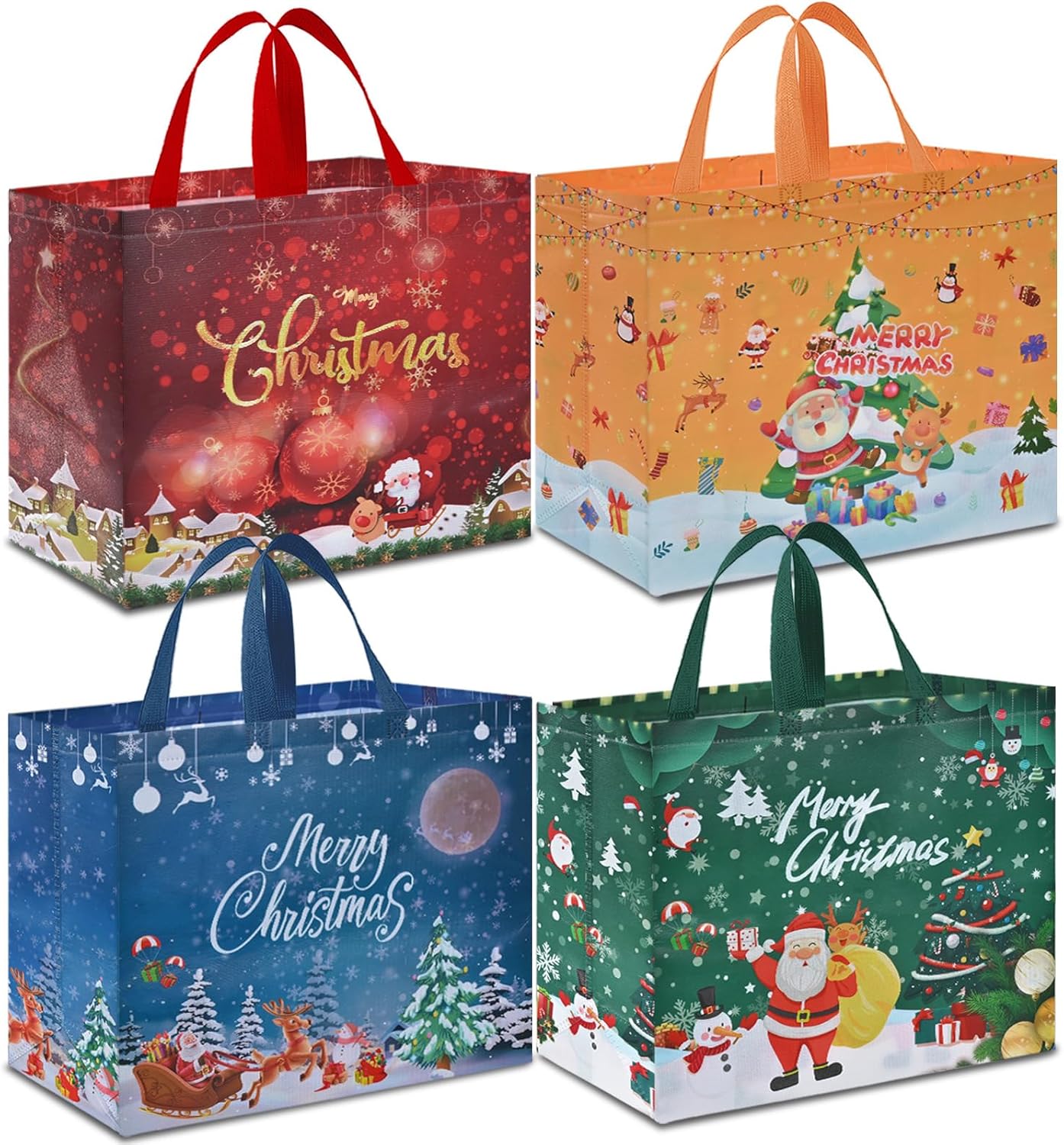 AhfuLife Extra Large Christmas Bags for Gift, 4pcs Reusable Christmas Tote Bags with Handles, Multipack Non-woven Christmas Treat Shopping Bags, Xmas Gift Party Favor Bags Decoration, 40 x 36 x 15cm