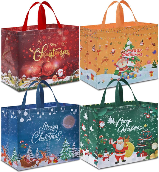 AhfuLife Extra Large Christmas Bags for Gift, 4pcs Reusable Christmas Tote Bags with Handles, Multipack Non-woven Christmas Treat Shopping Bags, Xmas Gift Party Favor Bags Decoration, 40 x 36 x 15cm