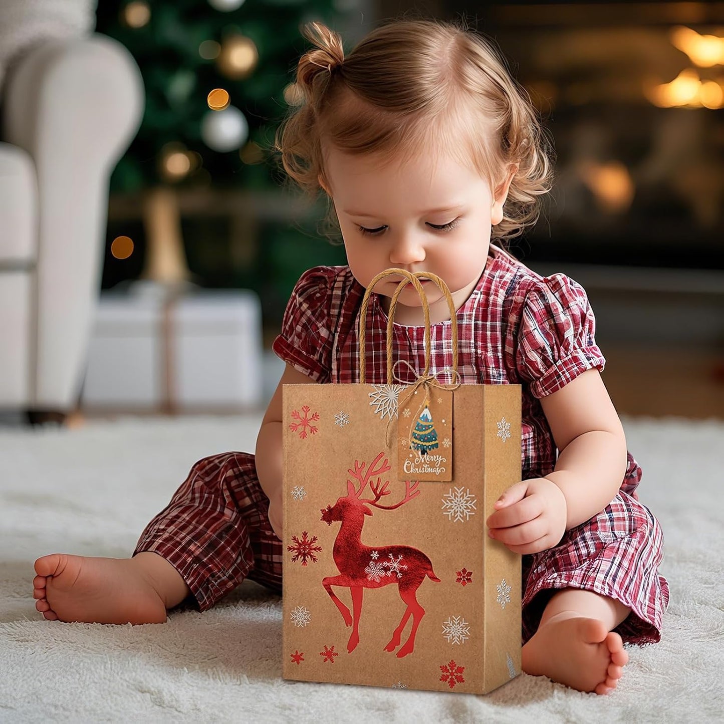 Christmas Kraft Gift Bags 12Pcs Small Xmas Wrapping Bags, Goody Gift Wrap Treat Candy Paper Packing with Handle & Red Foiling Design-Elk Santa Claus Snowman for Party Favors Present Decor Supplies