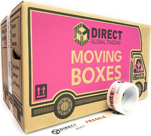 25 Strong Large Cardboard Storage Packing Moving House Boxes with Fragile Tape 52cm x 30cm x 30cm 47 Litres Carry Handles and Room List