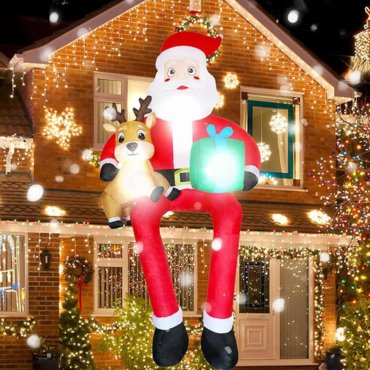 PIPIMOUSE 9.5Ft Christmas Inflatable Outdoor Decoration Giant Sitting Santa Claus Christmas Inflatables with LED Light Climbing Santa Inflatable Blow Up Yard Decorations for Xmas Roof Eaves Lawn Shrub