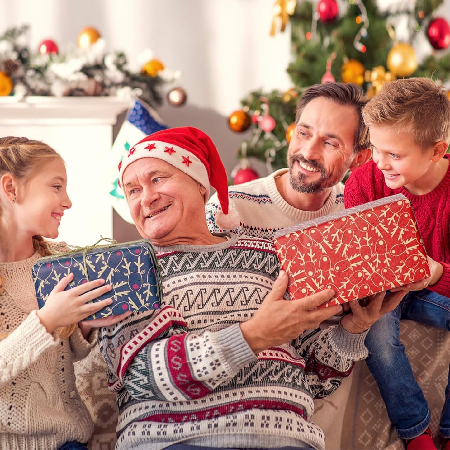 Koncci 3 x 5M Christmas Wrapping Paper, 60cm x 5m Festive Elk Pattern Kraft Gift Wrapping Paper, Recyclable Xmas Wrapper for Christmas, Party, Festive Decorations (Brown Blue Red)