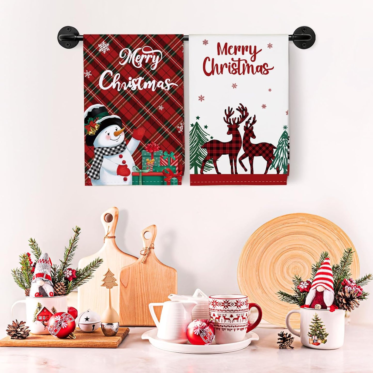 Arquiel 4 Pcs Snowman Kitchen Towel 100% Cotton Winter Absorbent Dish Towel 70 x 48 cm Housewarming Christmas Tree Decorative Hand Towel for Dining Home