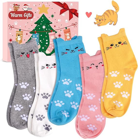 Christmas Gifts for Women Stocking Fillers: 5 Pairs Cotton Cat Socks Womens 4-7, Funny Novelty Animal Warm Socks Lovers Cat Secret Santa Present Christmas Xmas Gifts for Women Her Mum Teenage Girls